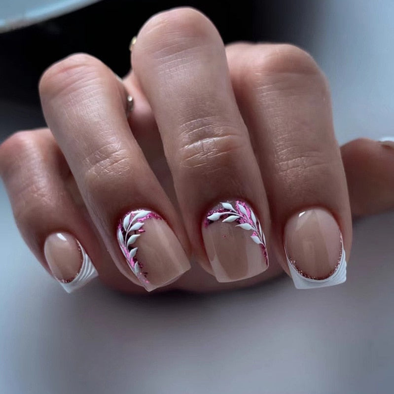 24pcs False Nail Full Cover Fake Nail Elegant Pink Gradient Glitter French Short Nails Coffin Short False Nail Press On Nails AA13