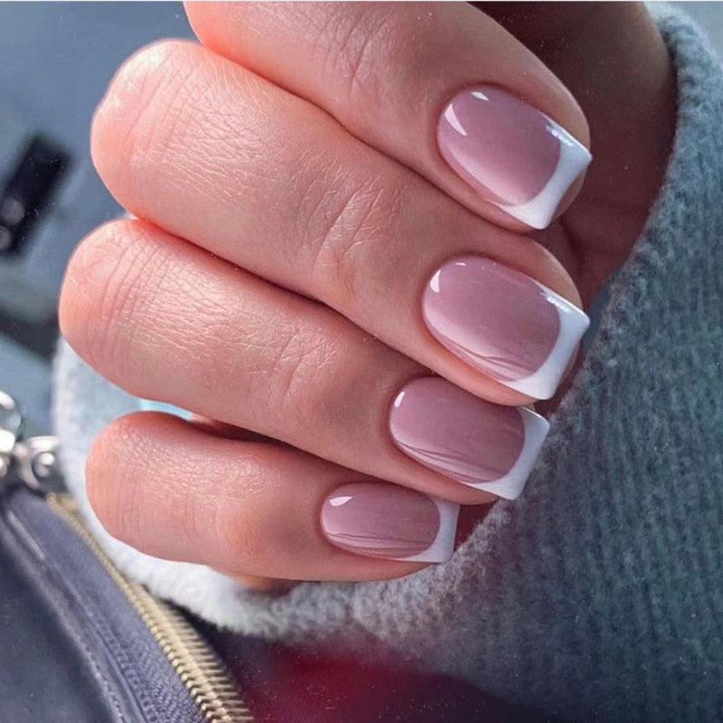24pcs False Nail Full Cover Fake Nail Elegant Pink Gradient Glitter French Short Nails Coffin Short False Nail Press On Nails B3
