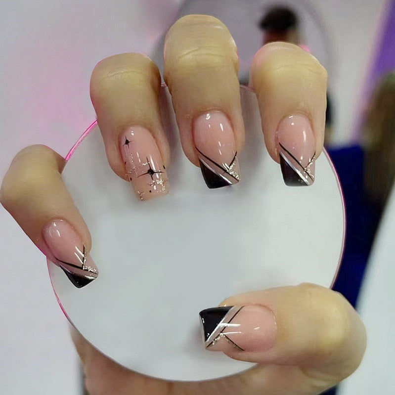 24pcs False Nail Full Cover Fake Nail Elegant Pink Gradient Glitter French Short Nails Coffin Short False Nail Press On Nails C4