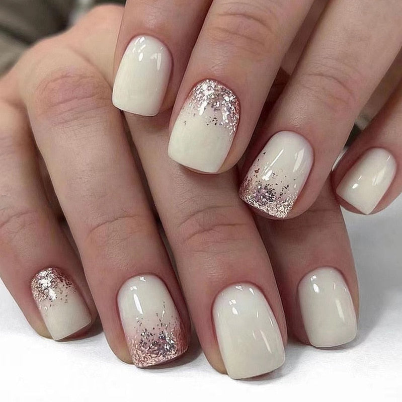 24pcs False Nail Full Cover Fake Nail Elegant Pink Gradient Glitter French Short Nails Coffin Short False Nail Press On Nails 2023-15