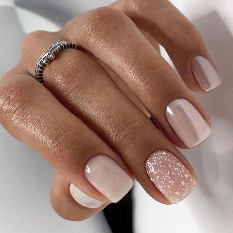 24pcs False Nail Full Cover Fake Nail Elegant Pink Gradient Glitter French Short Nails Coffin Short False Nail Press On Nails AA12
