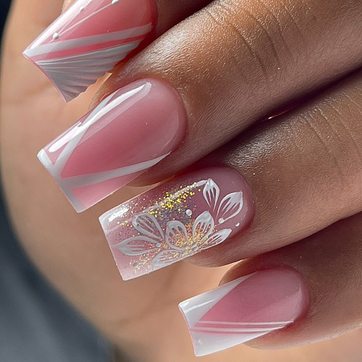 24pcs False Nail Full Cover Fake Nail Elegant Pink Gradient Glitter French Short Nails Coffin Short False Nail Press On Nails 2023-7