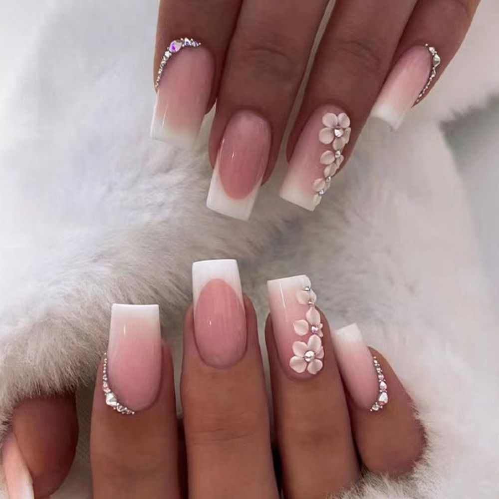 24pcs False Nail Full Cover Fake Nail Elegant Pink Gradient Glitter French Short Nails Coffin Short False Nail Press On Nails D1