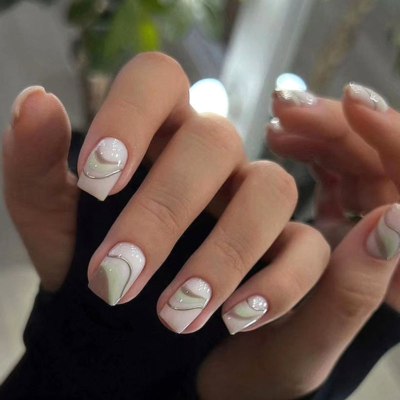 24pcs False Nail Full Cover Fake Nail Elegant Pink Gradient Glitter French Short Nails Coffin Short False Nail Press On Nails C5