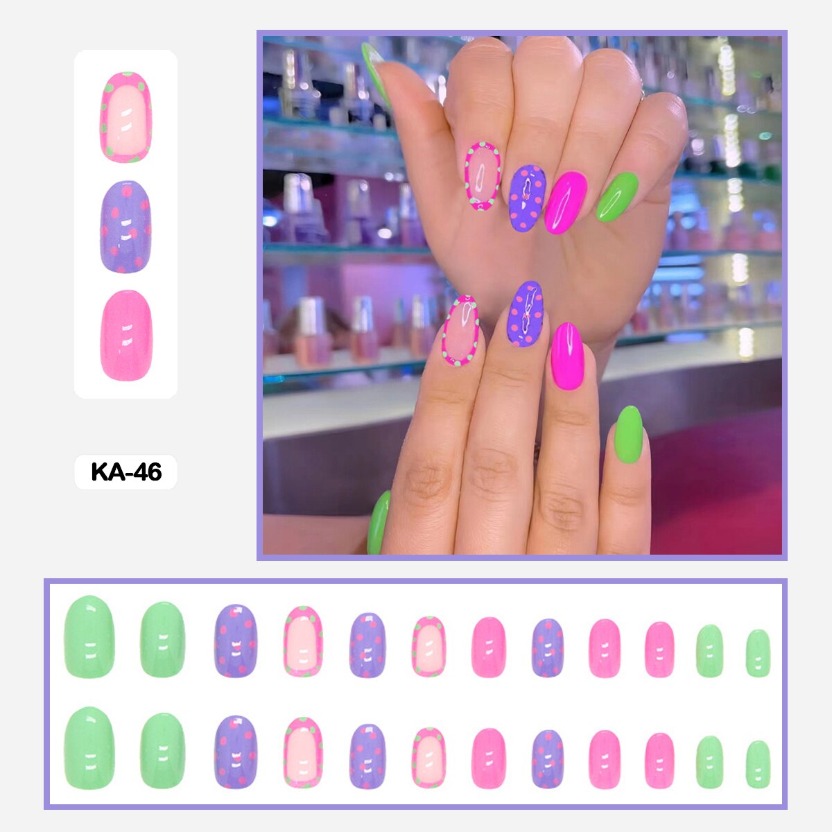 24pcs Girlish Colorful Graffiti Nail Art Fake Nails With Glue Pink Purple Short Press on False Nails With Wearing Tools KA-46