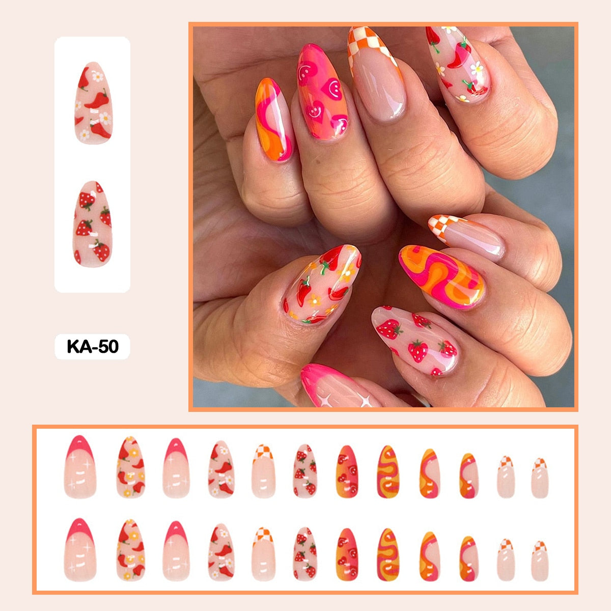 24pcs Girlish Colorful Graffiti Nail Art Fake Nails With Glue Pink Purple Short Press on False Nails With Wearing Tools KA-50