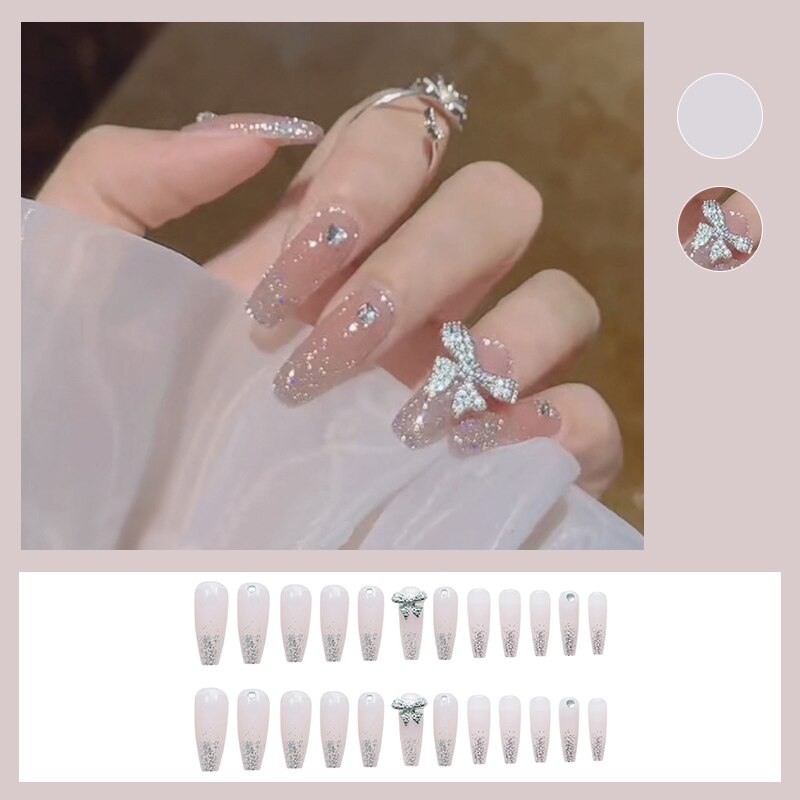 24pcs Glitter Gold Diamond False Nails French Butterfly Design Press on Nail Wearable Full Cover Acrylic Nail Tips for Girls Spain N37