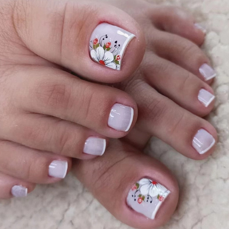 24pcs Ins Flowers Press On Toenails Full Cover French Style Summer Flower Design Beach Acrylic Toe Nail Patch For girls Women Spain 17
