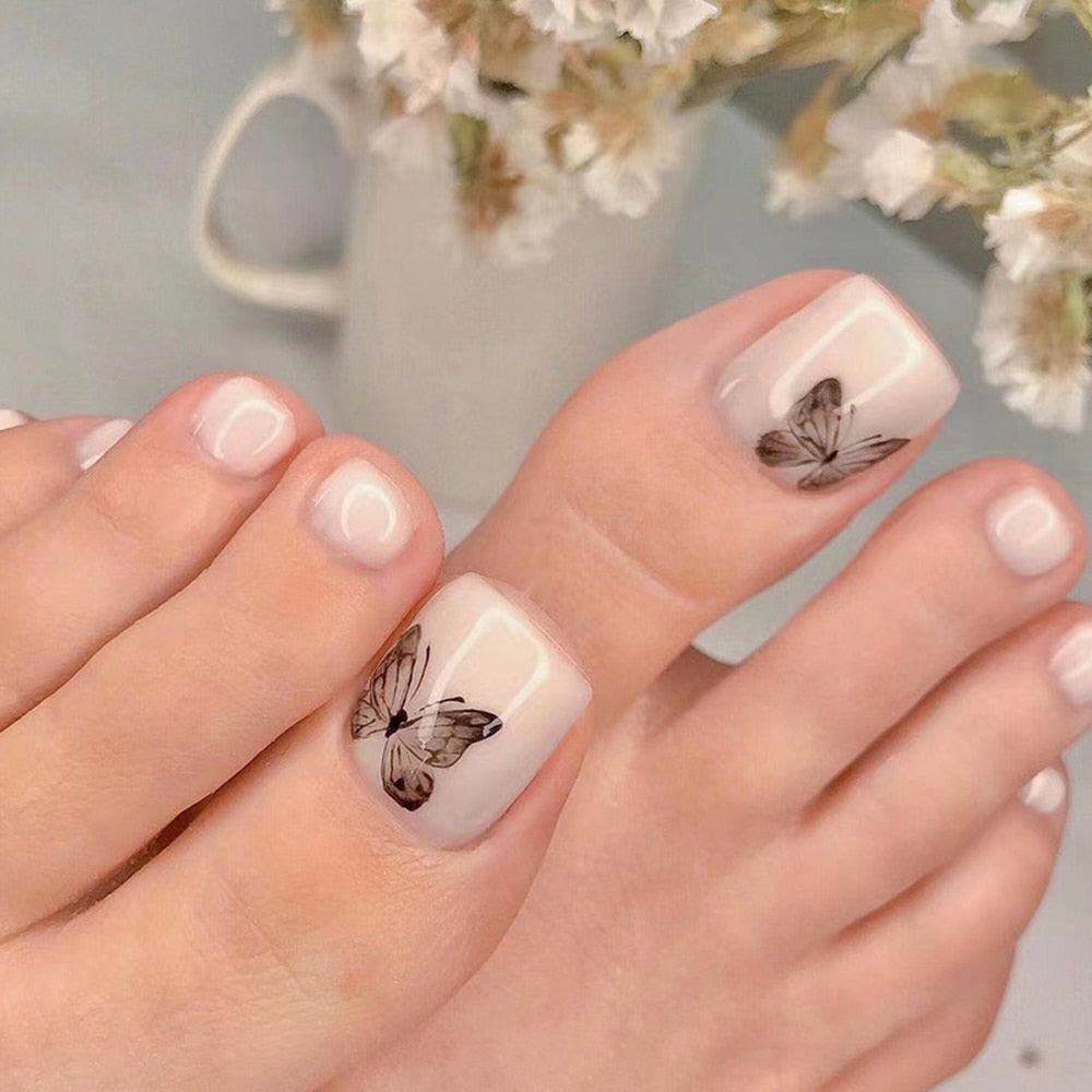24pcs Ins Flowers Press On Toenails Full Cover French Style Summer Flower Design Beach Acrylic Toe Nail Patch For girls Women Spain T10