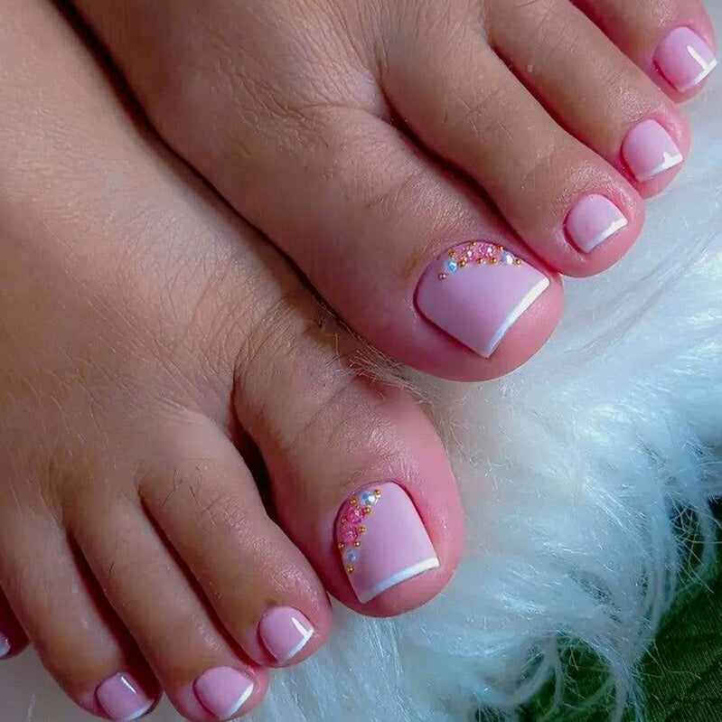 24pcs Ins Flowers Press On Toenails Full Cover French Style Summer Flower Design Beach Acrylic Toe Nail Patch For girls Women Spain 19