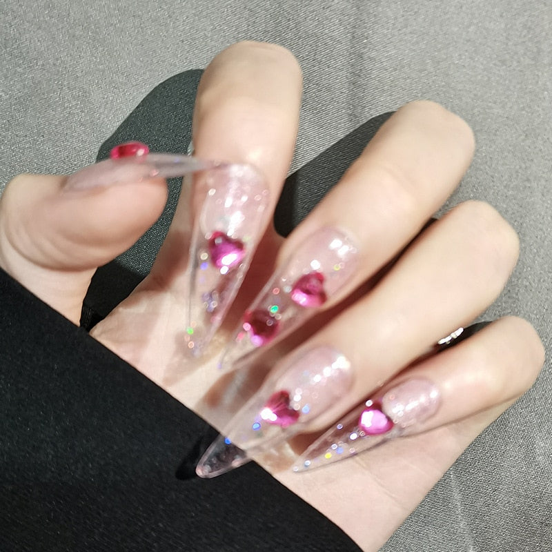 24pcs Kawaii Press on Nails y2k False Nails Set Rhinestone Acrylic Artificial Nails with Design Reusable french Long Fake Tips QX587