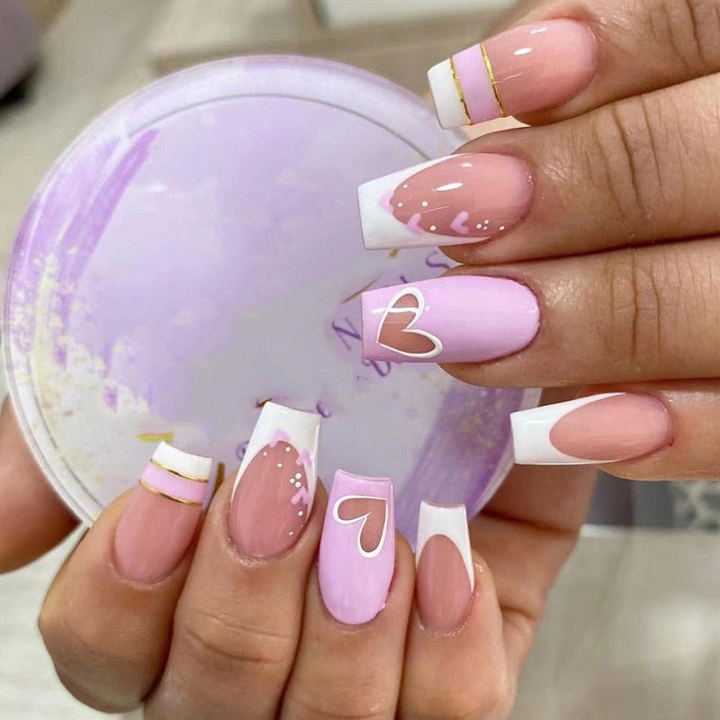 24pcs Long Ballerina French False Nails Love Heart Green Halo Dyed Gold Thread Fake Nail Press on Nails Full Cover Nail Tips A14