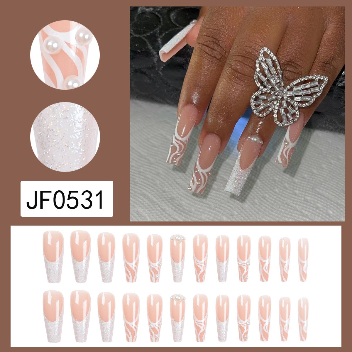 24pcs Long Ballet False Nail Full Cover Fake Nail Grey White Marble Design Nails Tip French Coffin Nails Press On Nails 9