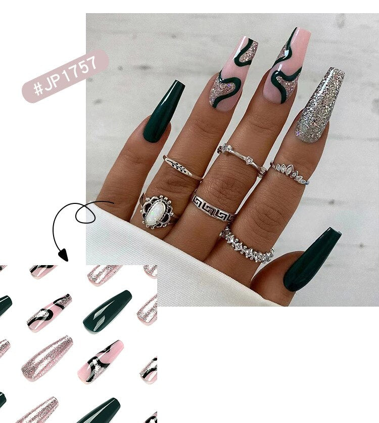 24pcs Long Ballet False Nail Full Cover Fake Nail Grey White Marble Design Nails Tip French Coffin Nails Press On Nails b14