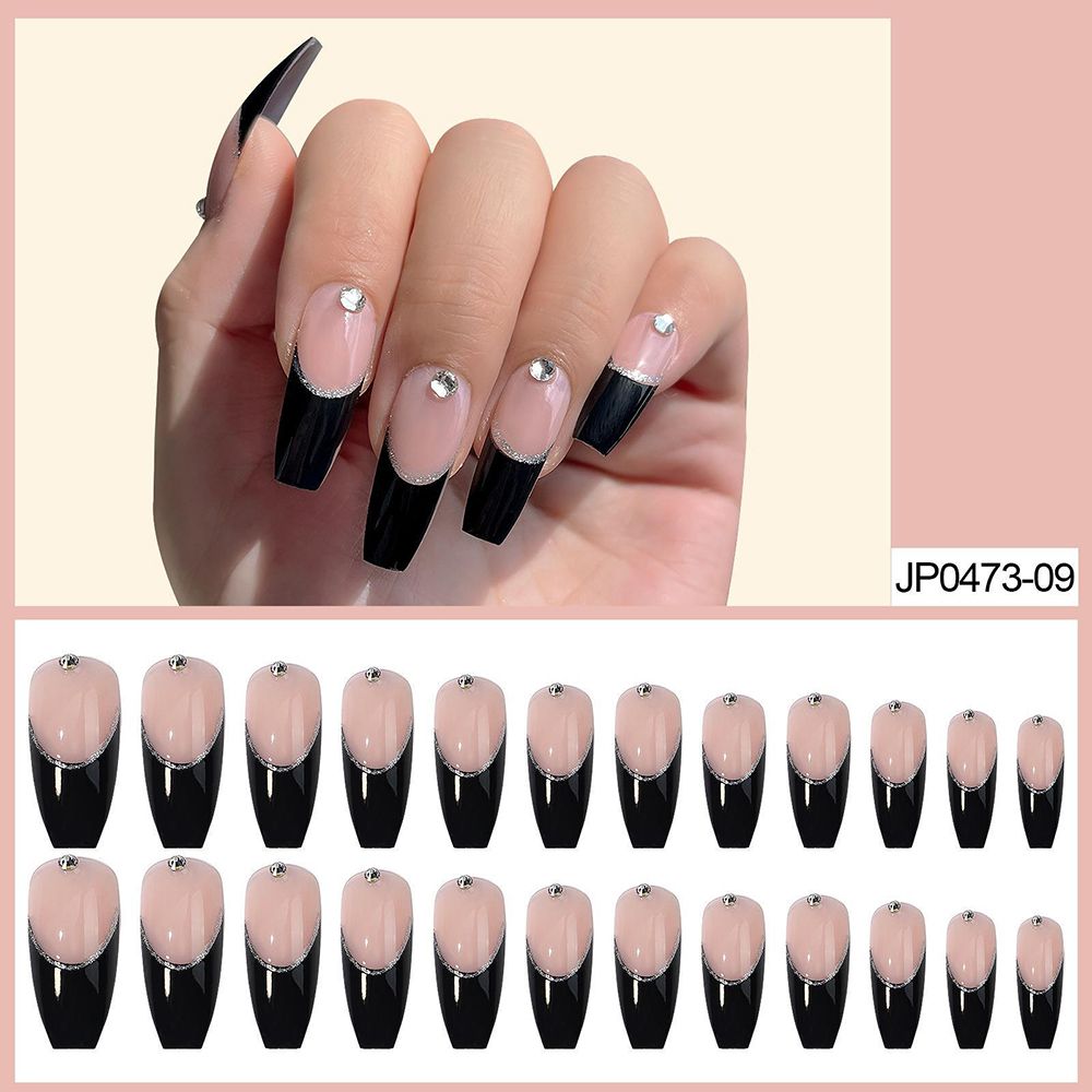 24pcs Long Ballet False Nail Full Cover Fake Nail Grey White Marble Design Nails Tip French Coffin Nails Press On Nails 8
