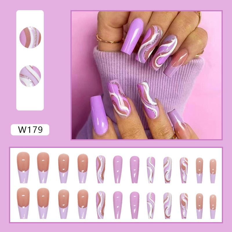 24pcs Long Ballet False Nail Full Cover Fake Nail Grey White Marble Design Nails Tip French Coffin Nails Press On Nails b5