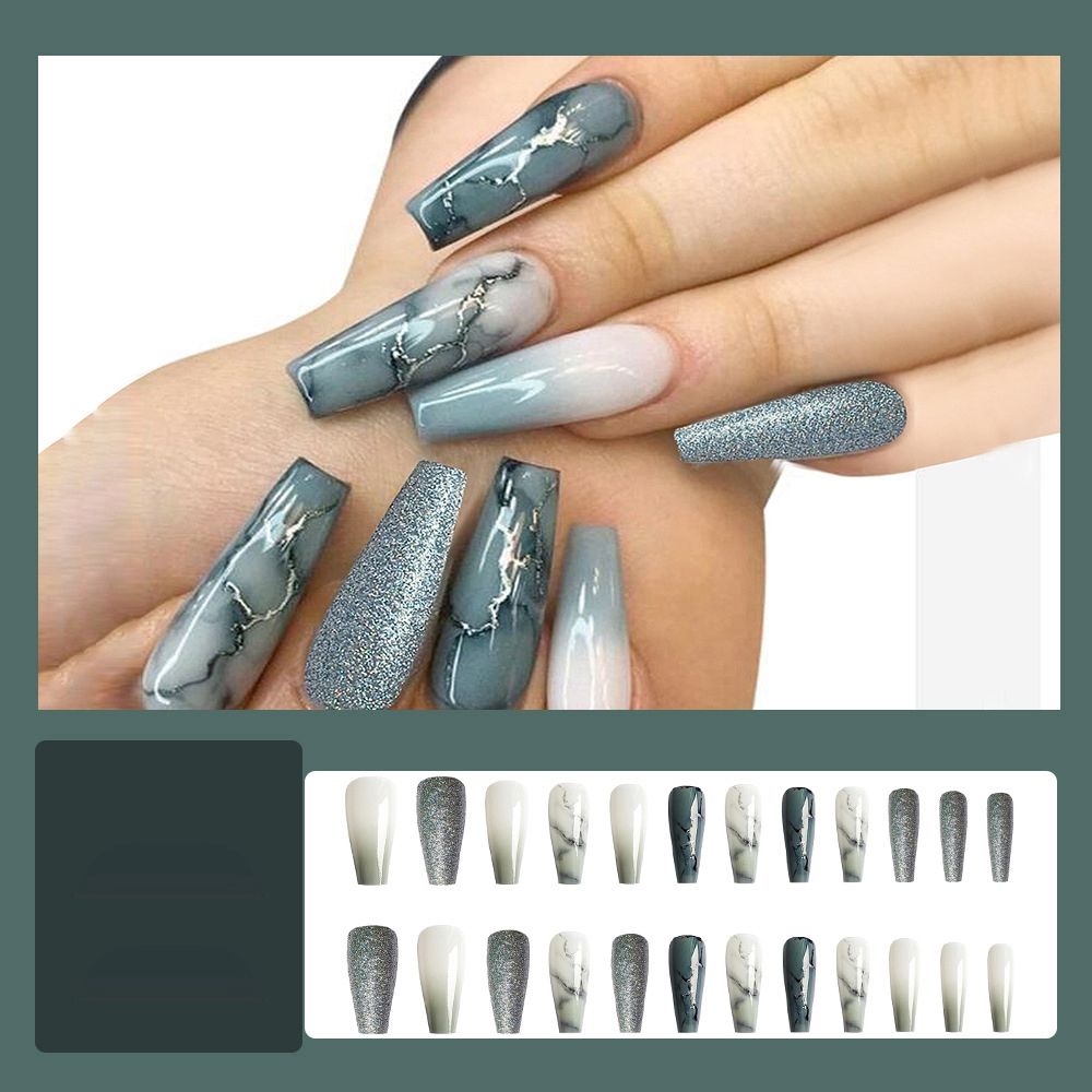24pcs Long Ballet False Nail Full Cover Fake Nail Grey White Marble Design Nails Tip French Coffin Nails Press On Nails b10
