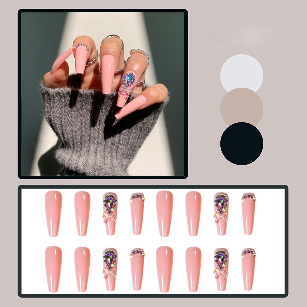 24pcs Matte Fake Nails Extra Long Ballerina Coffin Dark Blue Colorful Rhinestone Decals False Nails with designs Nail Art B7