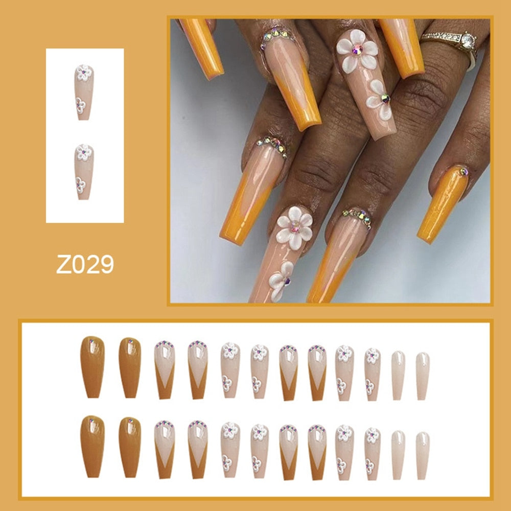 24pcs Matte Fake Nails Extra Long Ballerina Coffin Dark Blue Colorful Rhinestone Decals False Nails with designs Nail Art A4