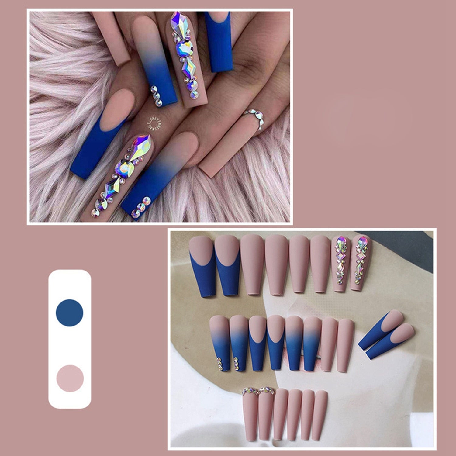 24pcs Matte Fake Nails Extra Long Ballerina Coffin Dark Blue Colorful Rhinestone Decals False Nails with designs Nail Art A1
