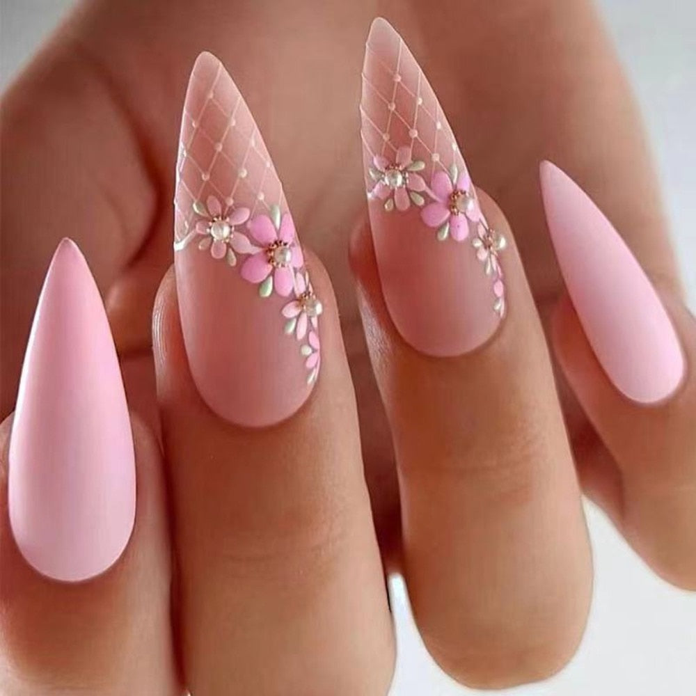 24pcs Matte Pink Almond Press On Nails Flower Design Fake Nails New Fashion French Style Full Cover False Nail Acrylic Nail Tips Basso & Brooke