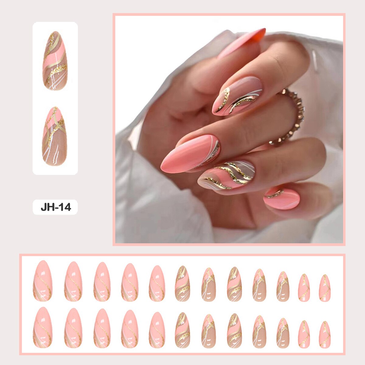 24pcs Nail Art Fake Nails with Glitter and Lines in Shape of Water Drop Square Press on False Nails With Glue and Wearing Tools JH-14