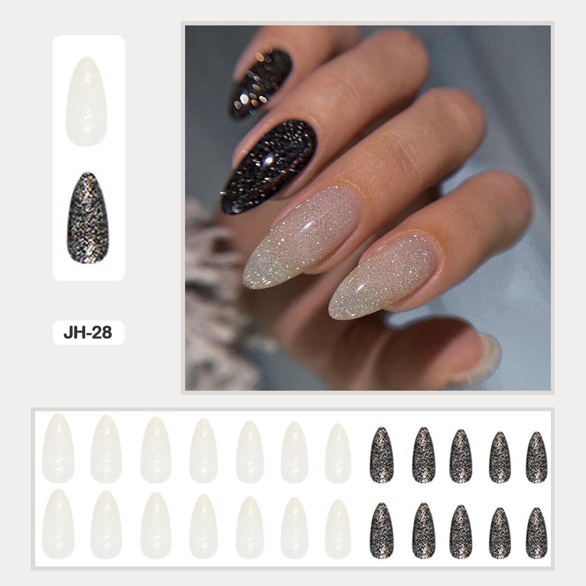 24pcs Nail Art Fake Nails with Glitter and Lines in Shape of Water Drop Square Press on False Nails With Glue and Wearing Tools JH-28