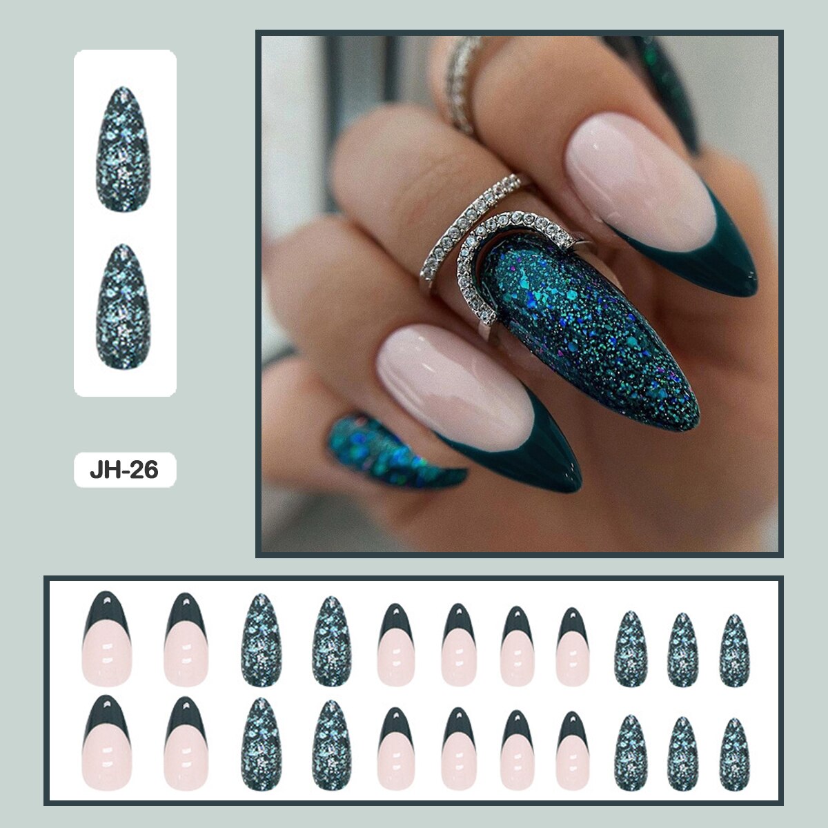24pcs Nail Art Fake Nails with Glitter and Lines in Shape of Water Drop Square Press on False Nails With Glue and Wearing Tools JH-26