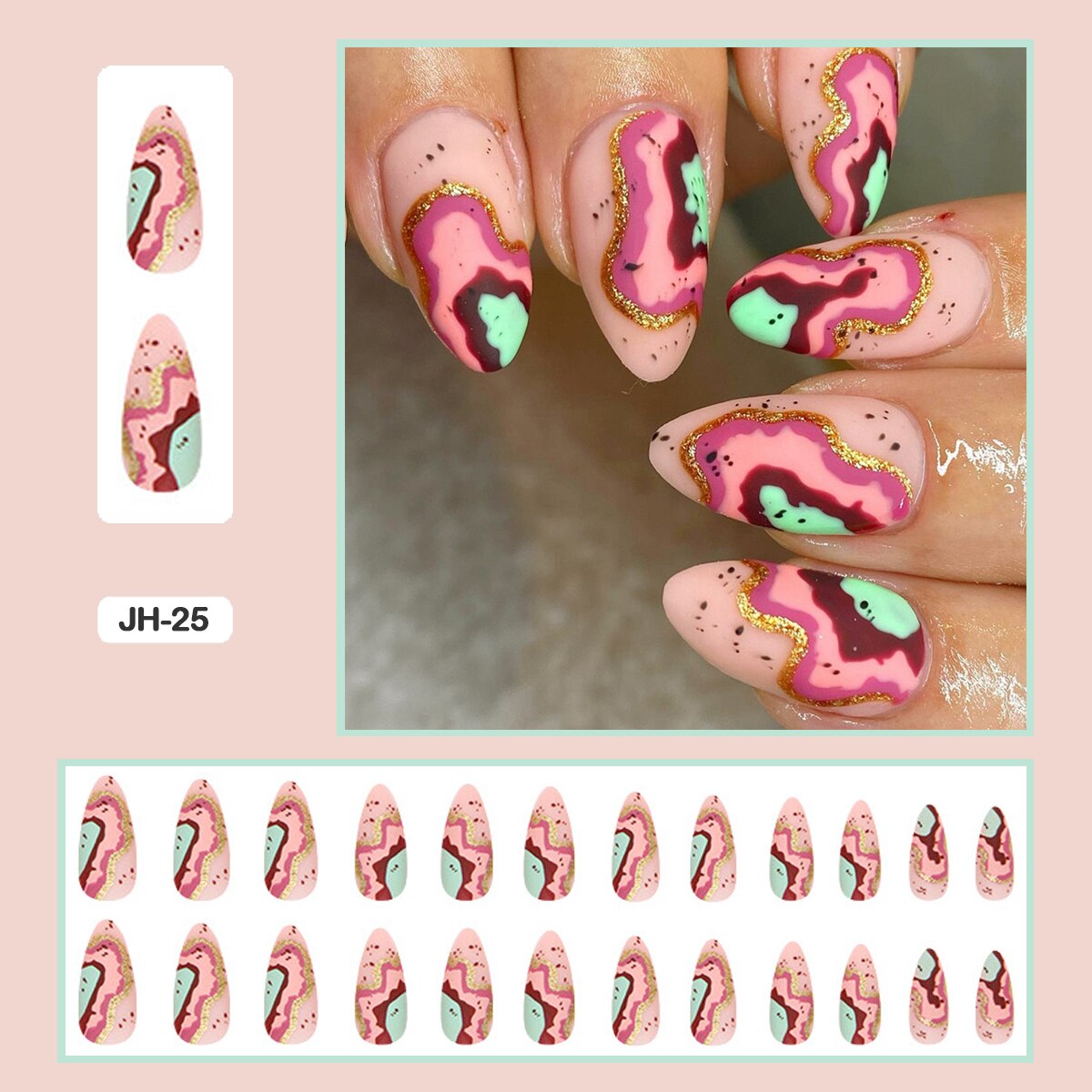 24pcs Nail Art Fake Nails with Glitter and Lines in Shape of Water Drop Square Press on False Nails With Glue and Wearing Tools JH-25