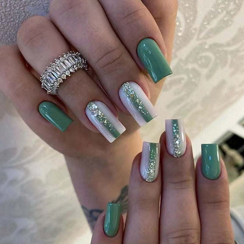 24pcs Removeable False Nails with Glue Ballet Nails with Designs Gradient Shinny Brown Press on Nails Coffin Glitter Fake Nails 538