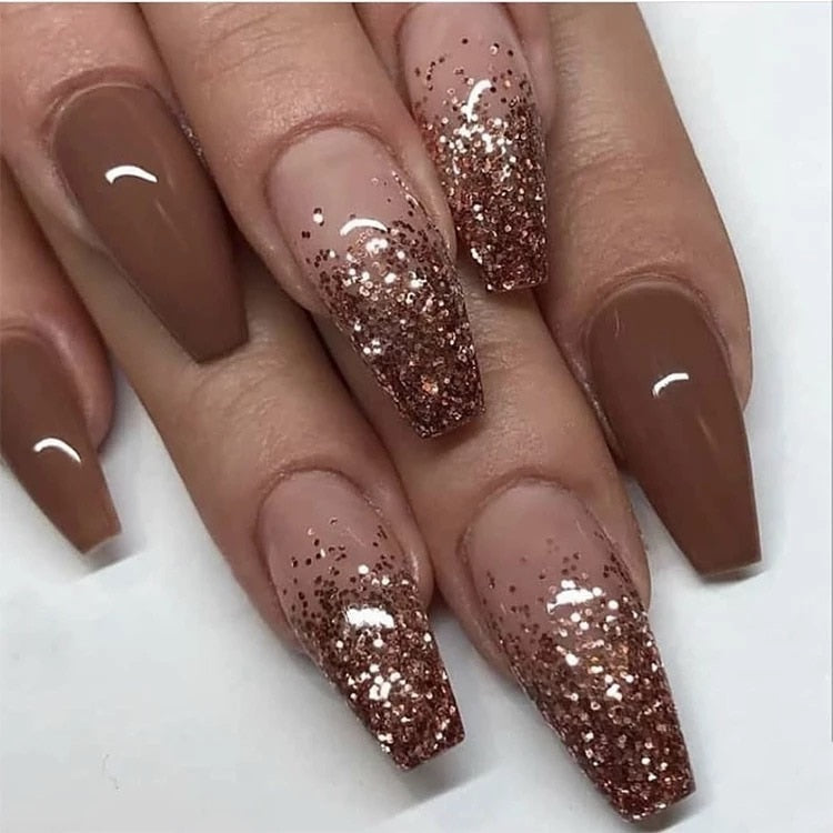 24pcs Removeable False Nails with Glue Ballet Nails with Designs Gradient Shinny Brown Press on Nails Coffin Glitter Fake Nails W15
