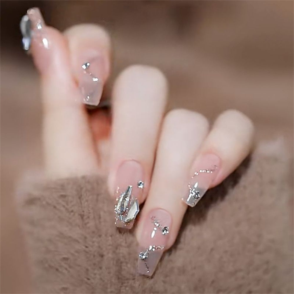 24pcs Rhinestone Design Fake Nails Shiny Bridal Women Lady party nail DIy Decorations Press On nail Tips False Nail Patch Spain 707232