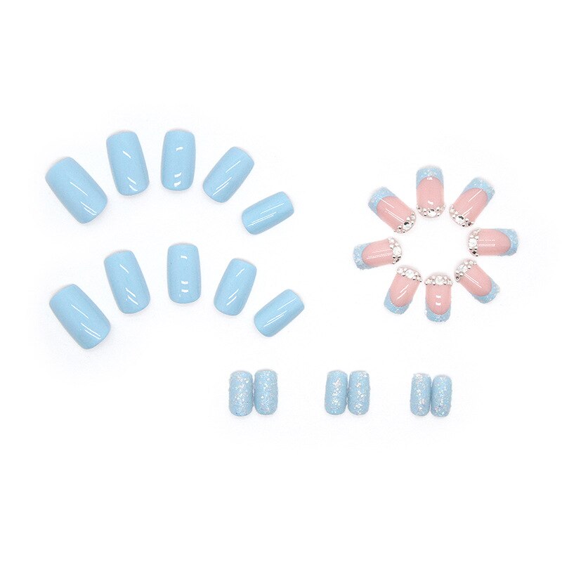 24pcs Short Square Explosive Diamond Sky Blue Armor Enhancements Fake Nails Press On Nails Full Cover Detachable Fingernails