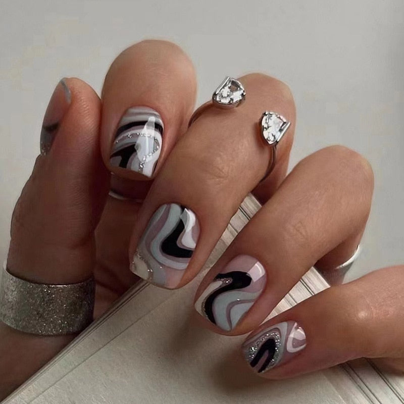 24pcs Silver glitter artificial fake nails with glue sweet cool y2k false nails with designs removeable french press on nails 371