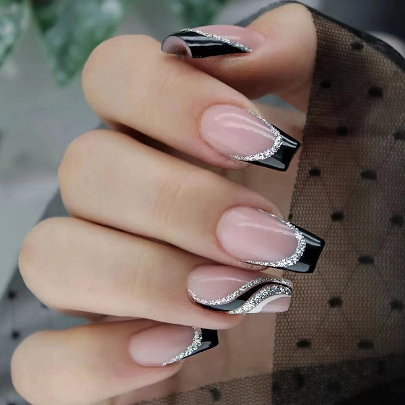 24pcs Silver glitter artificial fake nails with glue sweet cool y2k false nails with designs removeable french press on nails 298