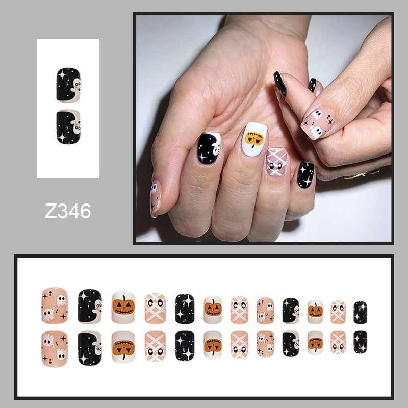 24pcs Sweet Cool Pink Black False Nails Halloween Skull Batch Pattern Design Press On Nail Patch Wearable Artificial Nail Tips Spain 4