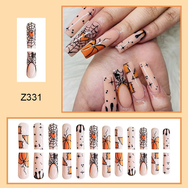 24pcs Sweet Cool Pink Black False Nails Halloween Skull Batch Pattern Design Press On Nail Patch Wearable Artificial Nail Tips Spain 6