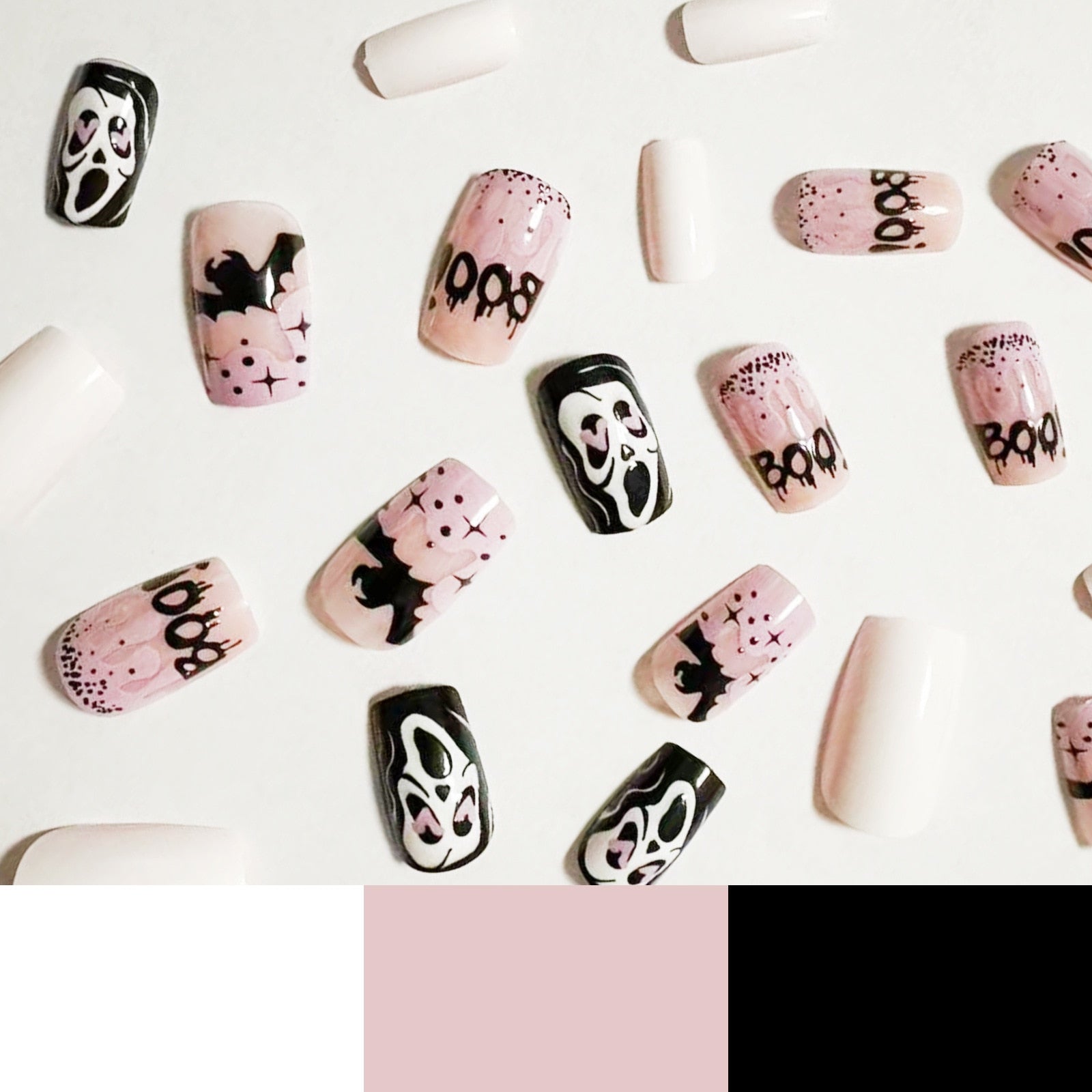 24pcs Sweet Cool Pink Black False Nails Halloween Skull Batch Pattern Design Press On Nail Patch Wearable Artificial Nail Tips