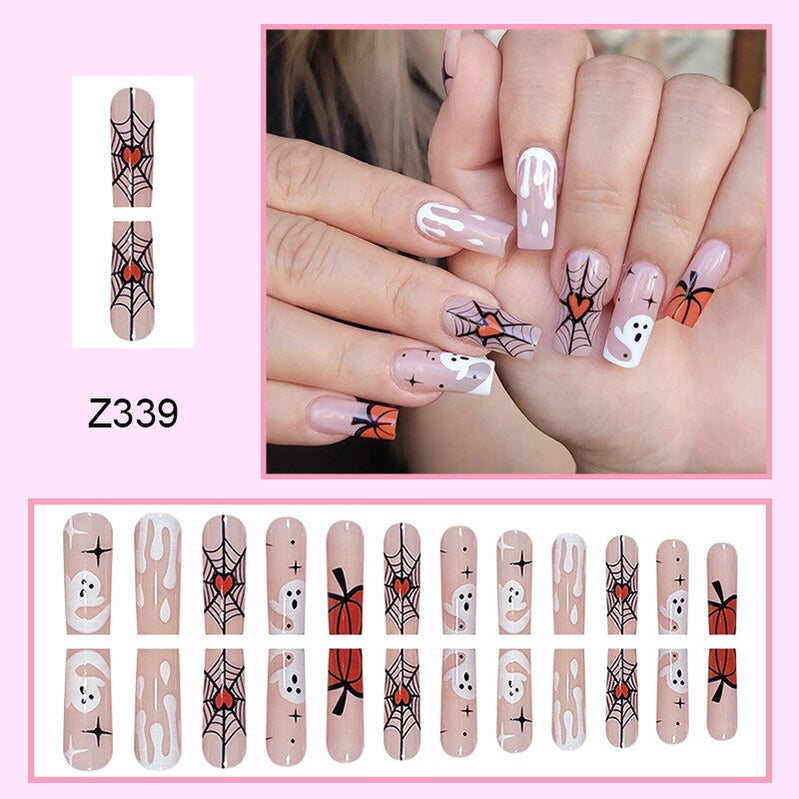 24pcs Sweet Cool Pink Black False Nails Halloween Skull Batch Pattern Design Press On Nail Patch Wearable Artificial Nail Tips Spain 5