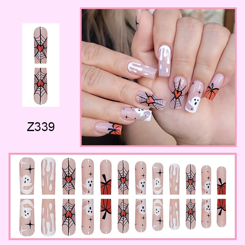 24pcs Sweet Cool Pink Black False Nails Halloween Skull Batch Pattern Design Press On Nail Patch Wearable Artificial Nail Tips Spain 5