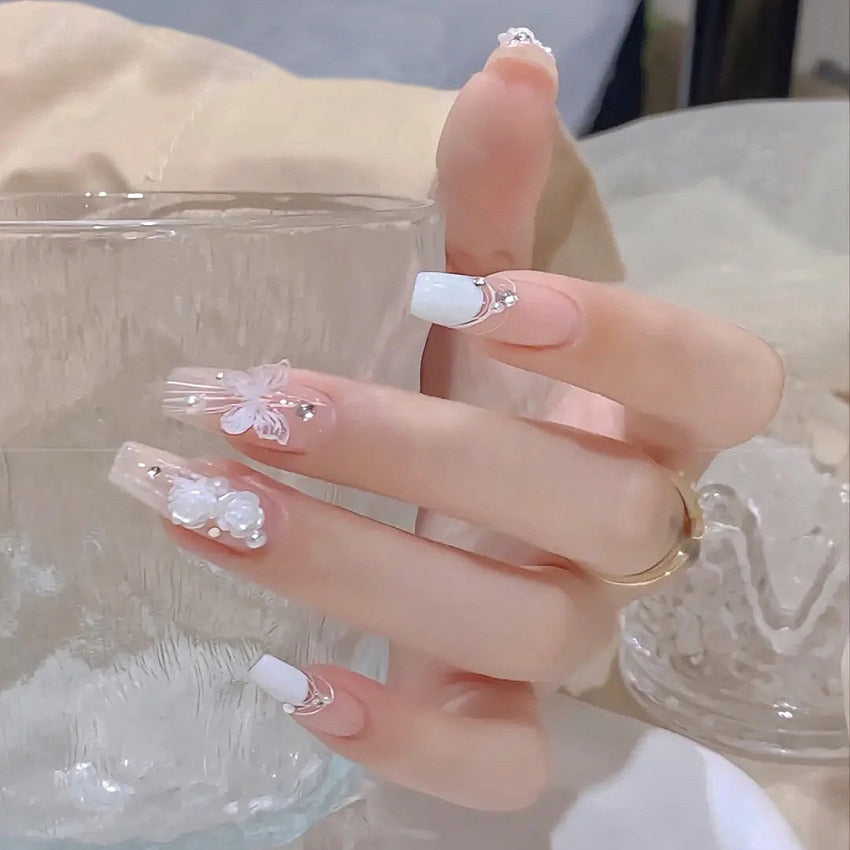 24pcs Wearable Pink Press On Fake Nails Tips With Glue false nails design Butterfly Lovely Girl false nails With Wearing Tools X102