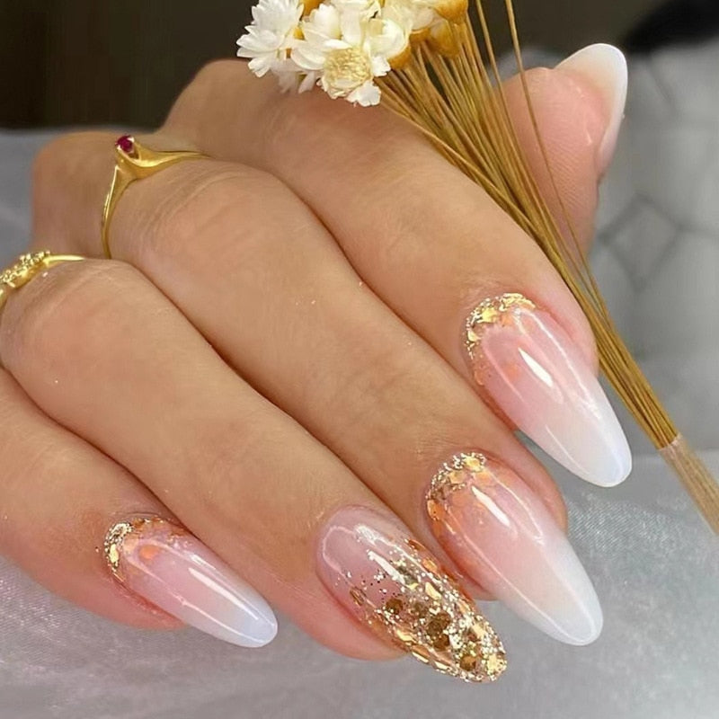 24pcs Wearable Short Round Head Sparkling French fake nails with glue Full Cover Almond Press On False Nails with Waves Stripes 684
