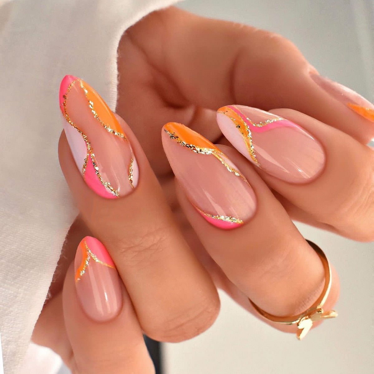 24pcs Wearable Short Round Head Sparkling French fake nails with glue Full Cover Almond Press On False Nails with Waves Stripes XY-39-15