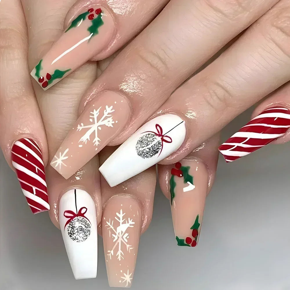 24pcs detachable Christmas designs false nails with glue full cover ballet Snowflakes Christmas Candy gifts press on fake nails CY435
