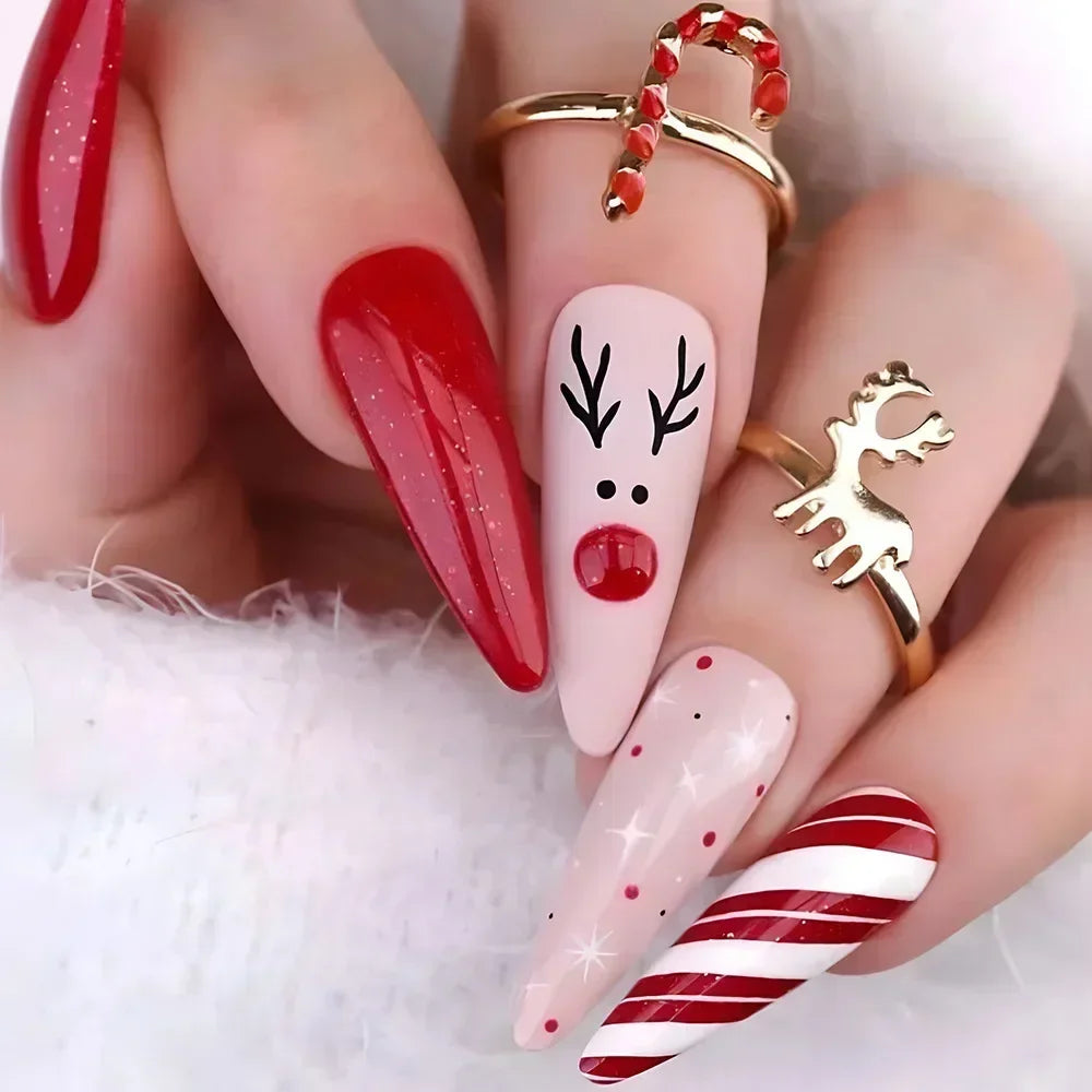 24pcs detachable Christmas designs false nails with glue full cover ballet Snowflakes Christmas Candy gifts press on fake nails CY430