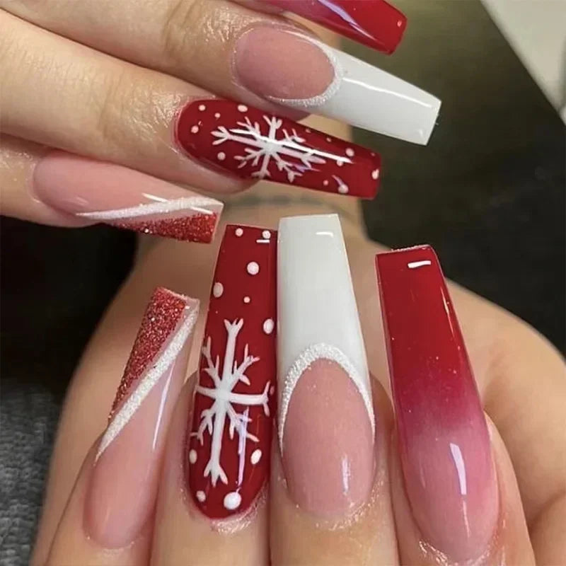 24pcs detachable Christmas designs false nails with glue full cover ballet Snowflakes Christmas Candy gifts press on fake nails 1905