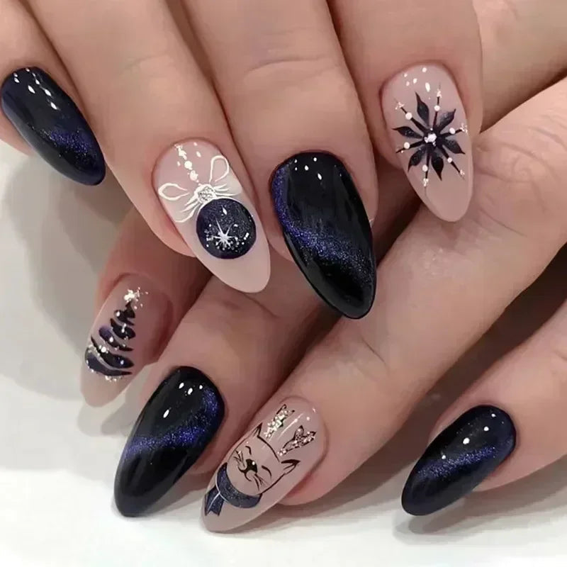 24pcs detachable Christmas designs false nails with glue full cover ballet Snowflakes Christmas Candy gifts press on fake nails 1212