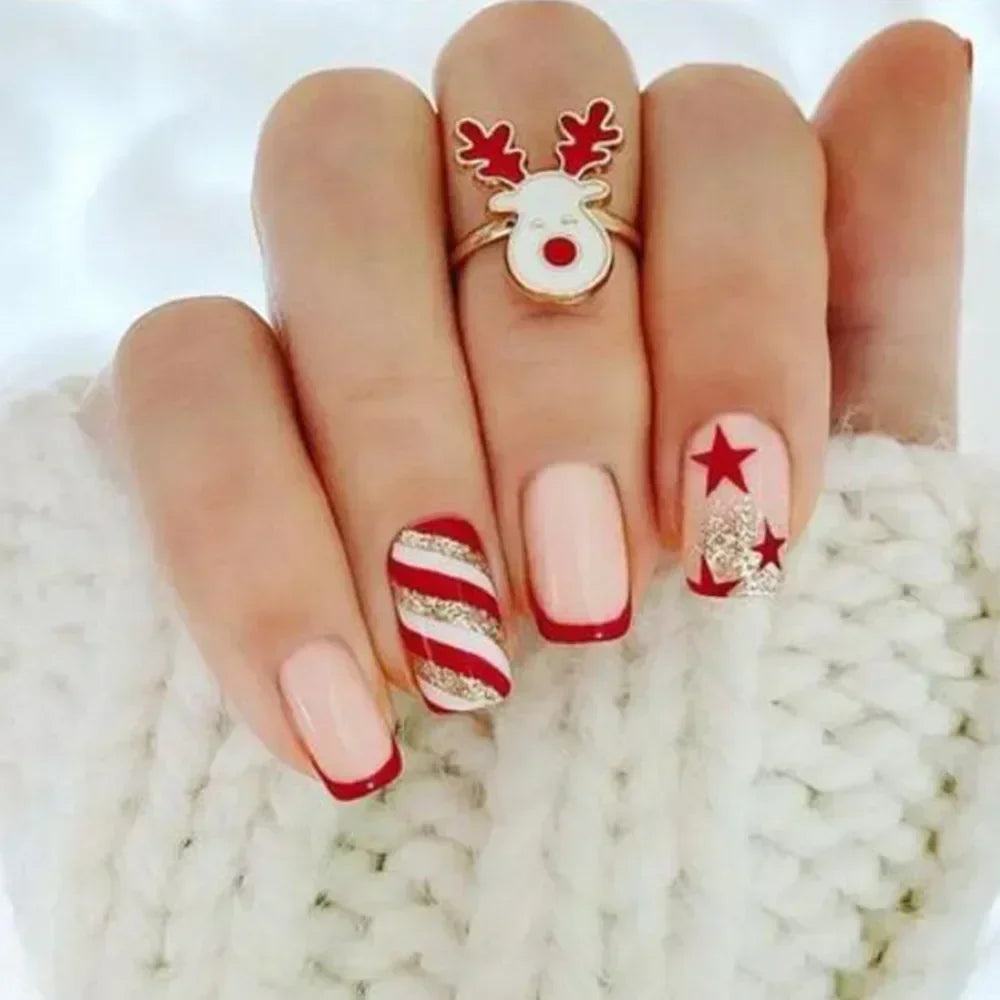 24pcs detachable Christmas designs false nails with glue full cover ballet Snowflakes Christmas Candy gifts press on fake nails DY264