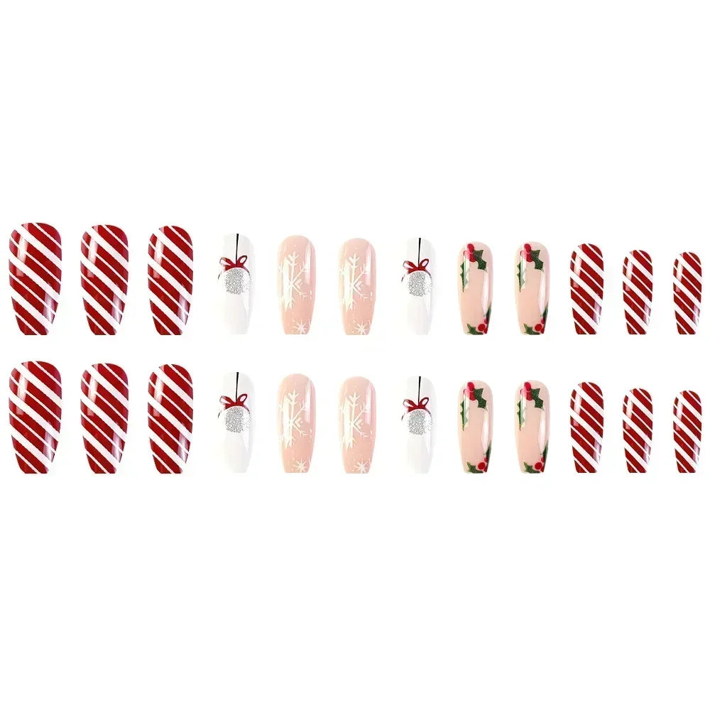 24pcs detachable Christmas designs false nails with glue full cover ballet Snowflakes Christmas Candy gifts press on fake nails