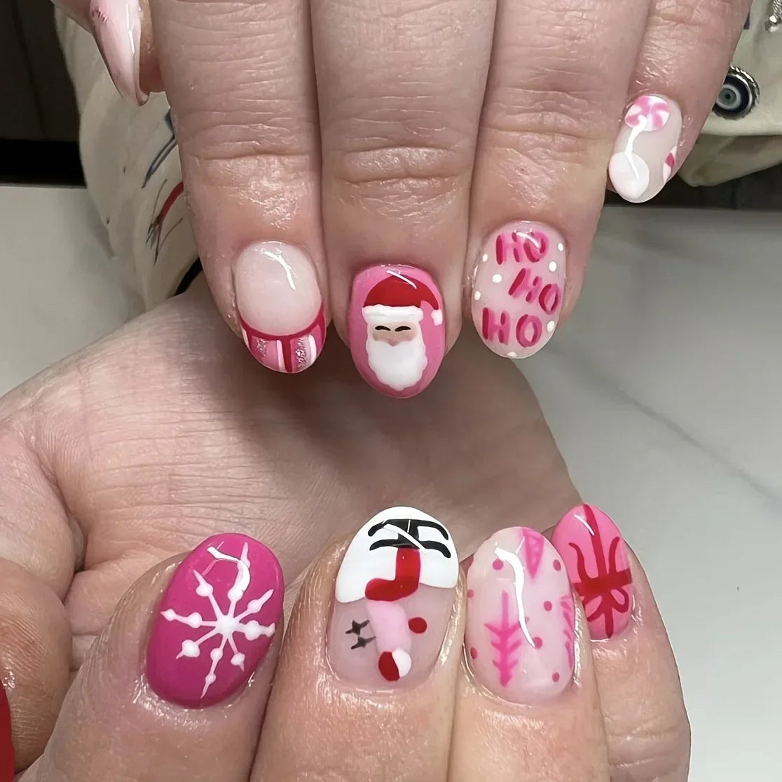 24pcs detachable Christmas designs false nails with glue full cover ballet Snowflakes Christmas Candy gifts press on fake nails C060